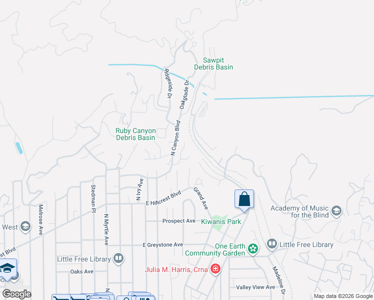 map of restaurants, bars, coffee shops, grocery stores, and more near 613 Shady Oaks Drive in Monrovia