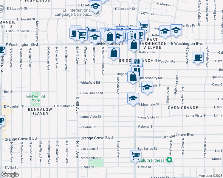 map of restaurants, bars, coffee shops, grocery stores, and more near 1039 Sinaloa Avenue in Pasadena