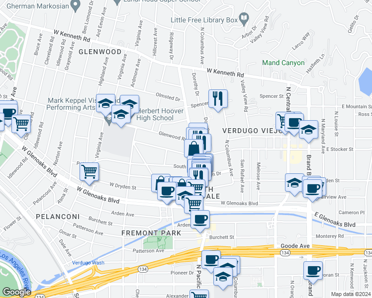 map of restaurants, bars, coffee shops, grocery stores, and more near 508 Glenwood Road in Glendale