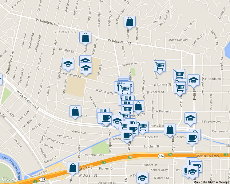map of restaurants, bars, coffee shops, grocery stores, and more near 508 Glenwood Road in Glendale