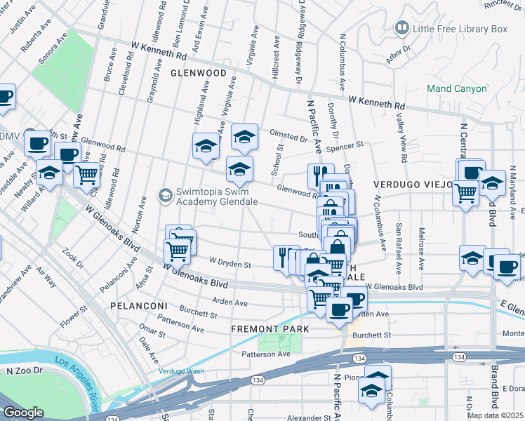 map of restaurants, bars, coffee shops, grocery stores, and more near 615 West Stocker Street in Glendale