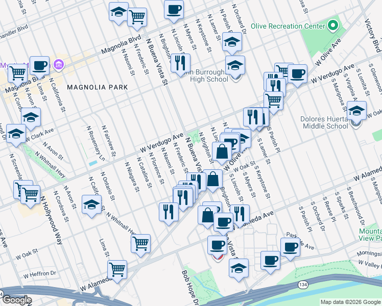 map of restaurants, bars, coffee shops, grocery stores, and more near 300 North Buena Vista Street in Burbank