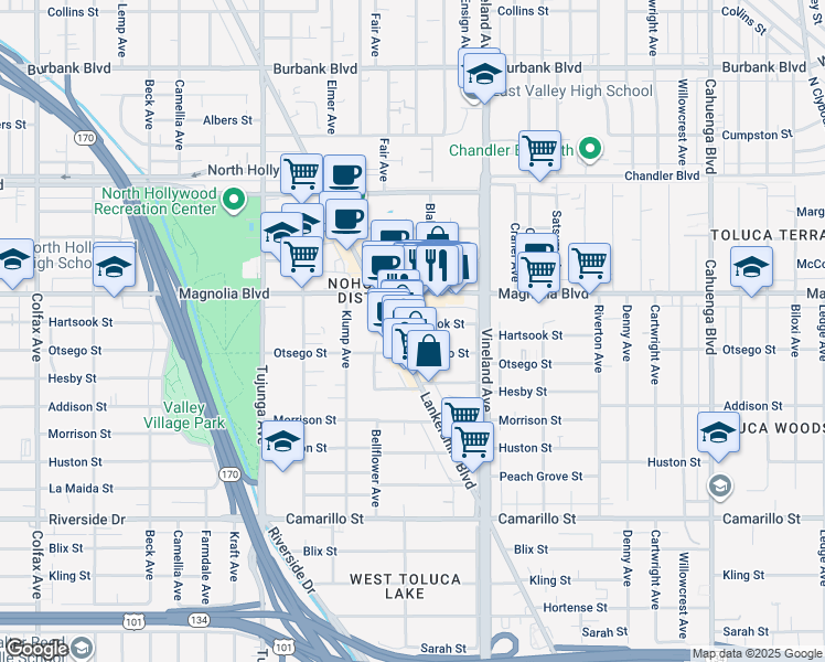 map of restaurants, bars, coffee shops, grocery stores, and more near 11047 Hartsook Street in Los Angeles