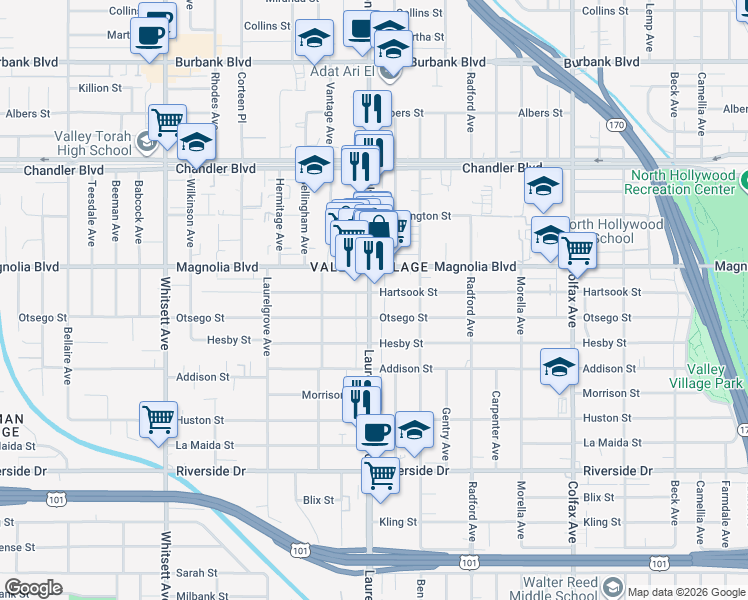 map of restaurants, bars, coffee shops, grocery stores, and more near 5118 Laurel Canyon Boulevard in Los Angeles