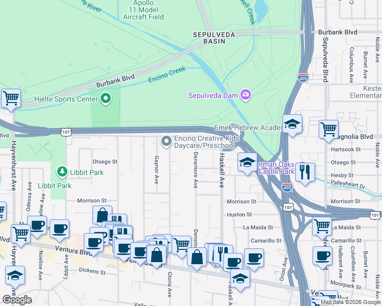 map of restaurants, bars, coffee shops, grocery stores, and more near 5161 Densmore Avenue in Los Angeles