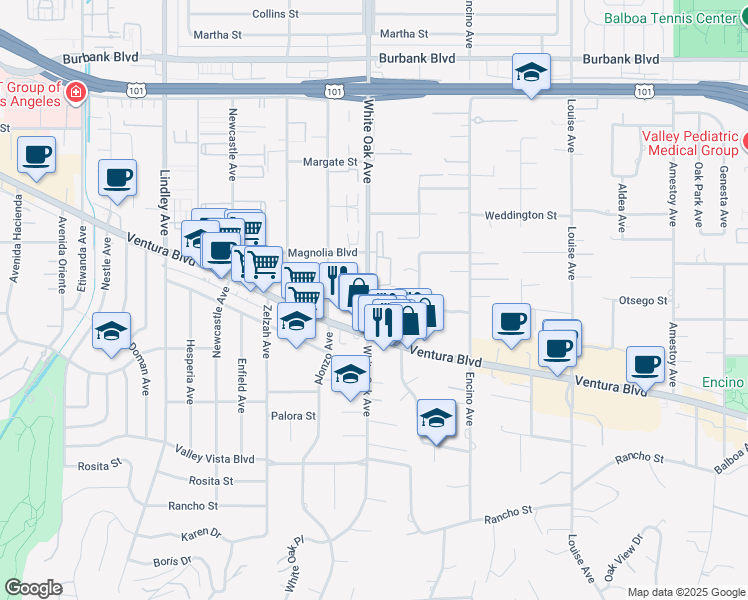 map of restaurants, bars, coffee shops, grocery stores, and more near 5140 White Oak Avenue in Los Angeles