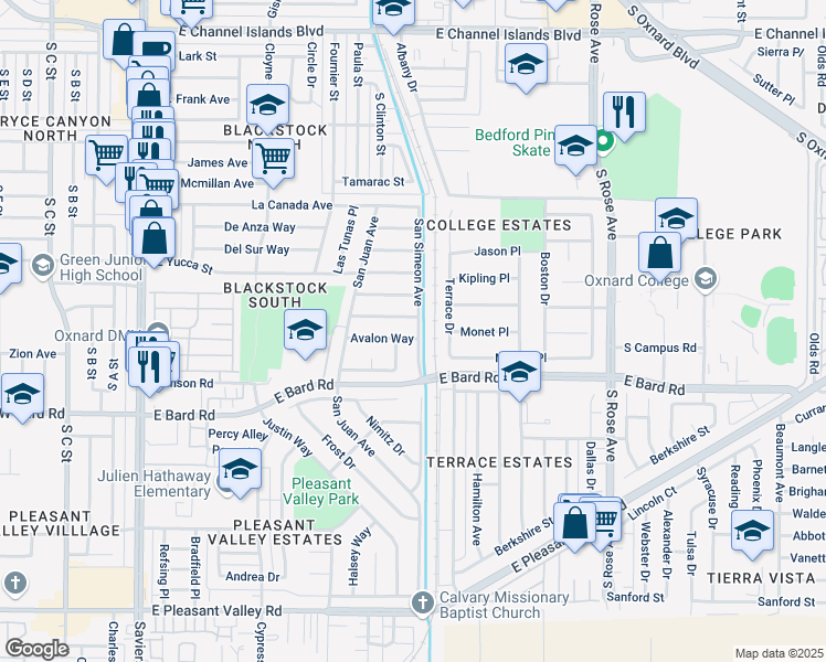 map of restaurants, bars, coffee shops, grocery stores, and more near 840 Borrego Way in Oxnard