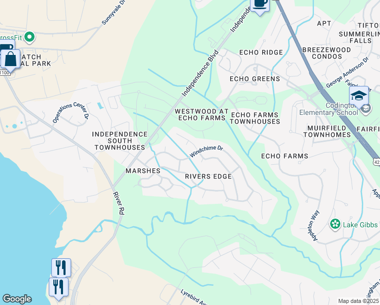 map of restaurants, bars, coffee shops, grocery stores, and more near 249 Windchime Drive in Wilmington