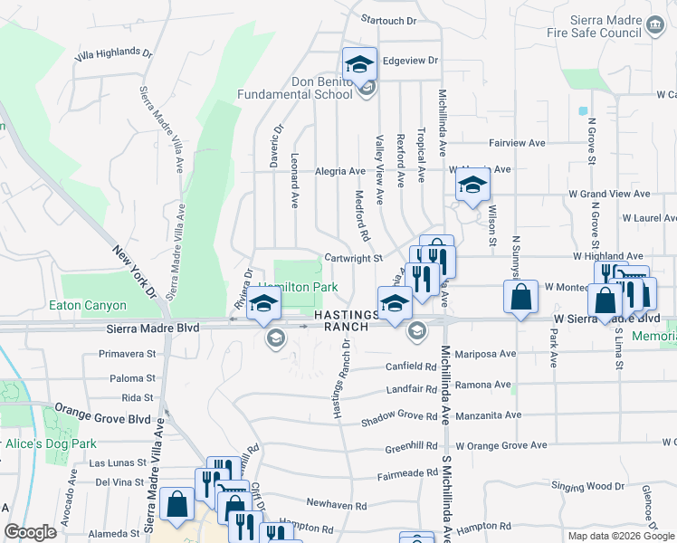 map of restaurants, bars, coffee shops, grocery stores, and more near 1010 Pepperhill Road in Pasadena
