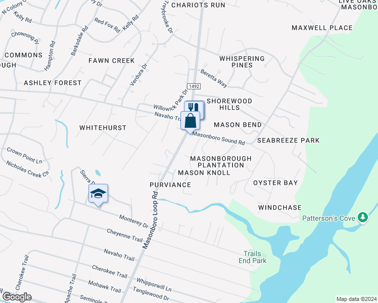 map of restaurants, bars, coffee shops, grocery stores, and more near 117 Cliffside Drive in Wilmington