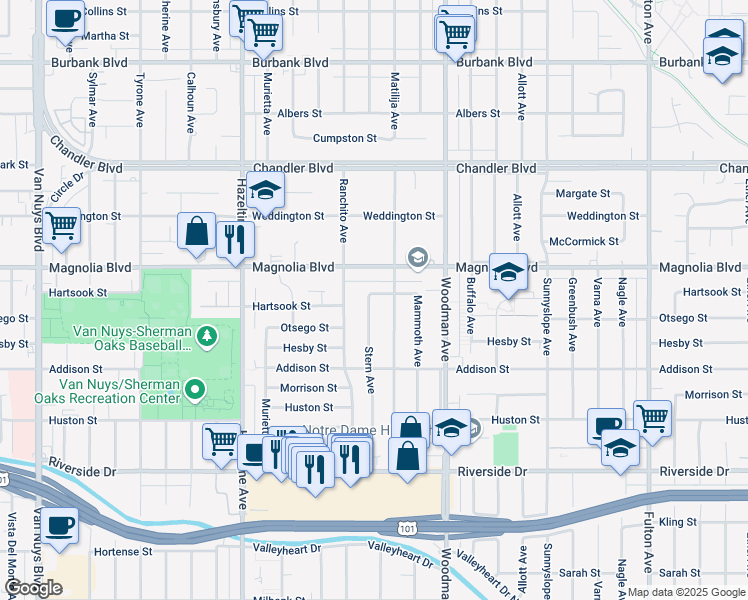 map of restaurants, bars, coffee shops, grocery stores, and more near 5120 Stern Avenue in Los Angeles
