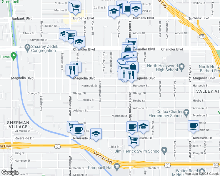 map of restaurants, bars, coffee shops, grocery stores, and more near 12222 Hartsook Street in Los Angeles