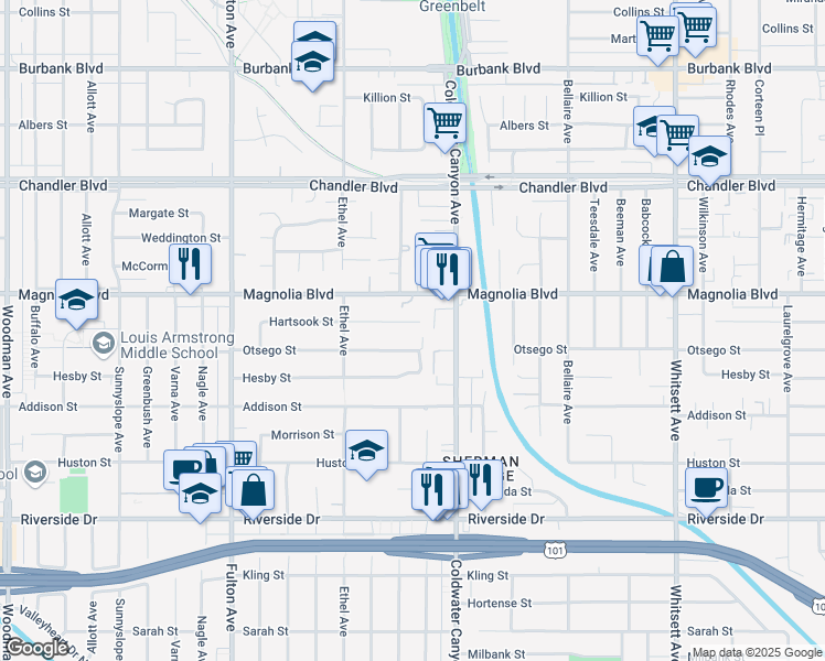 map of restaurants, bars, coffee shops, grocery stores, and more near 12948 Hartsook Street in Los Angeles