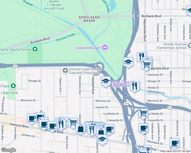 map of restaurants, bars, coffee shops, grocery stores, and more near 5126 Haskell Avenue in Los Angeles