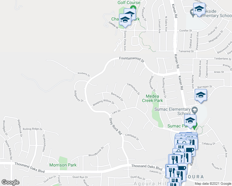 map of restaurants, bars, coffee shops, grocery stores, and more near 6104 Edinburgh Court in Agoura Hills
