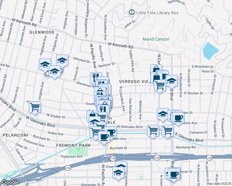 map of restaurants, bars, coffee shops, grocery stores, and more near 415 West Stocker Street in Glendale