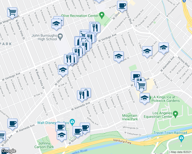 map of restaurants, bars, coffee shops, grocery stores, and more near 316 South Reese Place in Burbank