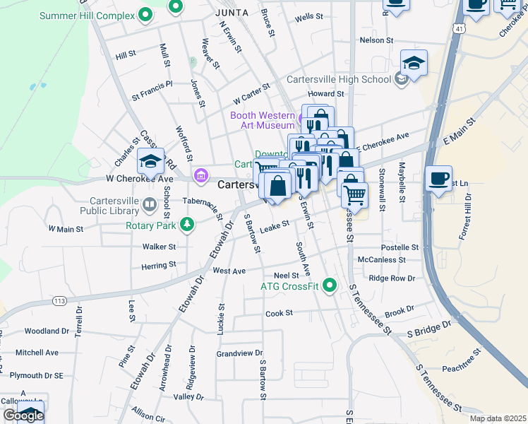map of restaurants, bars, coffee shops, grocery stores, and more near 178 Georgia 61 in Cartersville