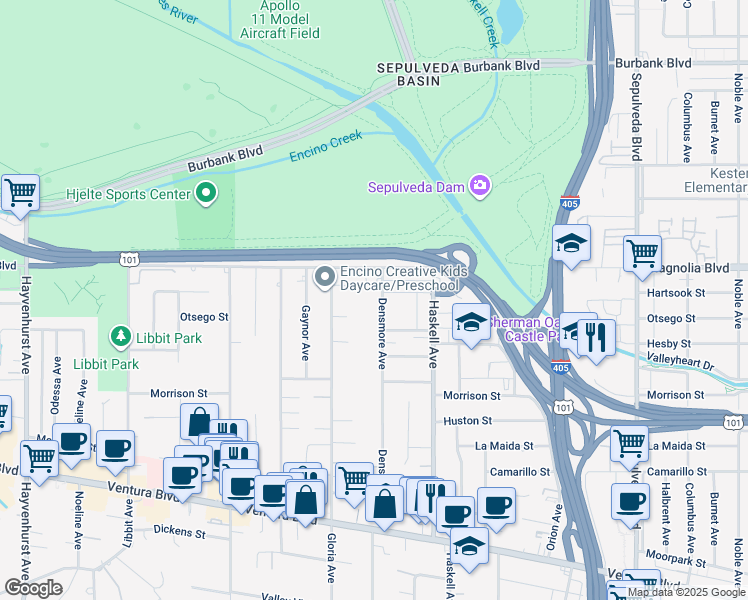map of restaurants, bars, coffee shops, grocery stores, and more near 5155 Densmore Avenue in Los Angeles