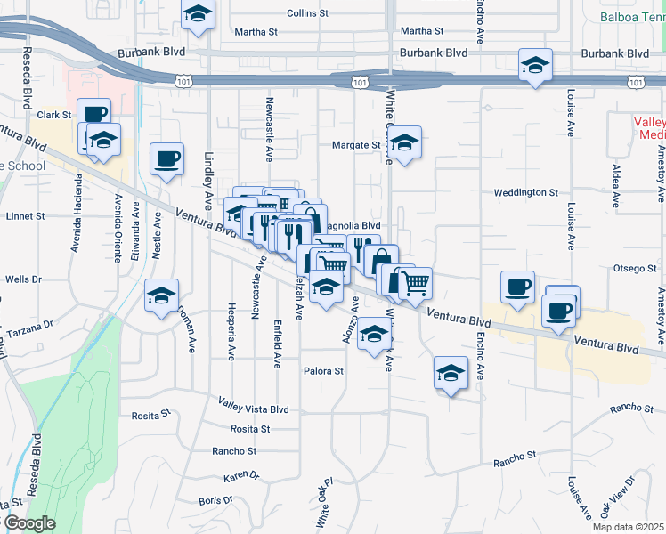 map of restaurants, bars, coffee shops, grocery stores, and more near 17815 Ventura Boulevard in Los Angeles