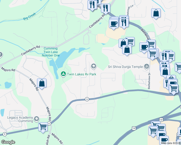 map of restaurants, bars, coffee shops, grocery stores, and more near 3067 Kentmere Drive in Cumming