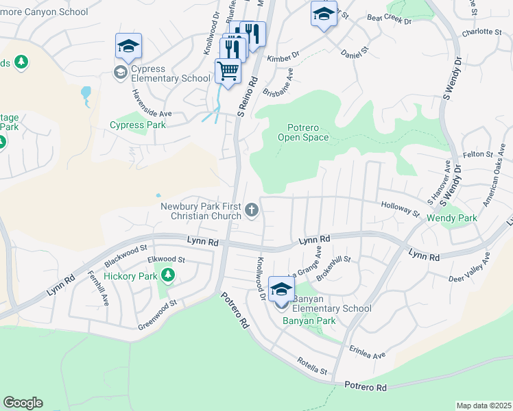 map of restaurants, bars, coffee shops, grocery stores, and more near 733 Knollwood Drive in Thousand Oaks