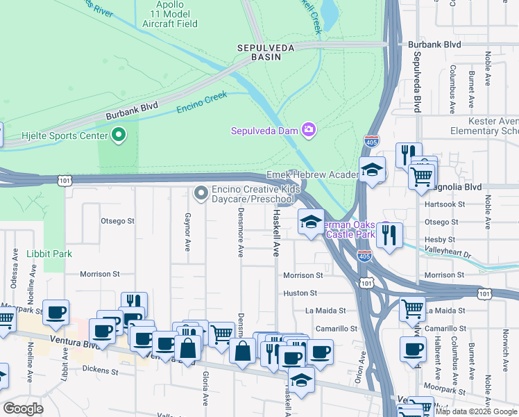 map of restaurants, bars, coffee shops, grocery stores, and more near 15724 Hartsook Street in Los Angeles