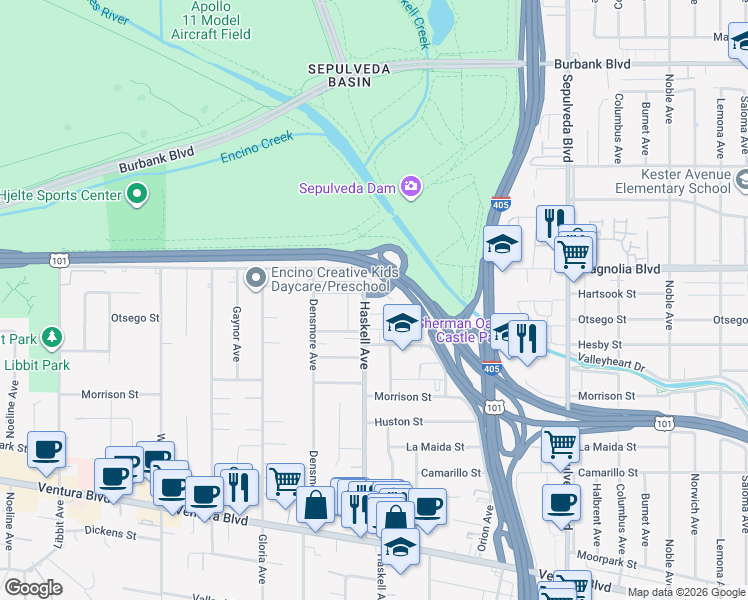 map of restaurants, bars, coffee shops, grocery stores, and more near 5126 Haskell Avenue in Los Angeles