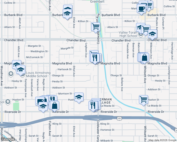 map of restaurants, bars, coffee shops, grocery stores, and more near 12948 Hartsook Street in Los Angeles