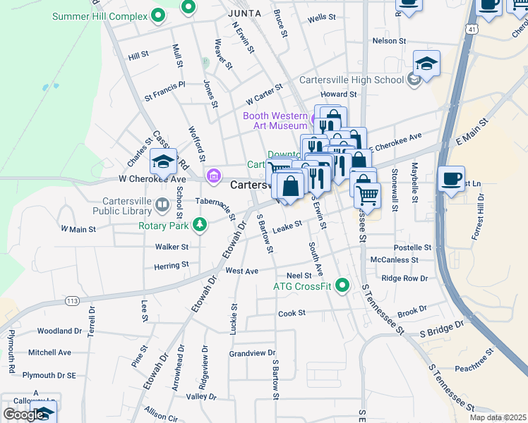 map of restaurants, bars, coffee shops, grocery stores, and more near 178 Georgia 61 in Cartersville