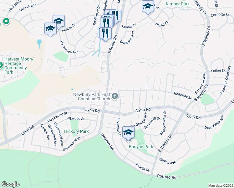 map of restaurants, bars, coffee shops, grocery stores, and more near 733 Knollwood Drive in Thousand Oaks