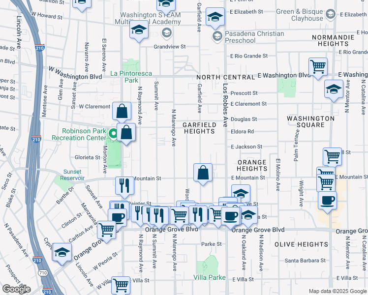 map of restaurants, bars, coffee shops, grocery stores, and more near 1037 Worcester Avenue in Pasadena