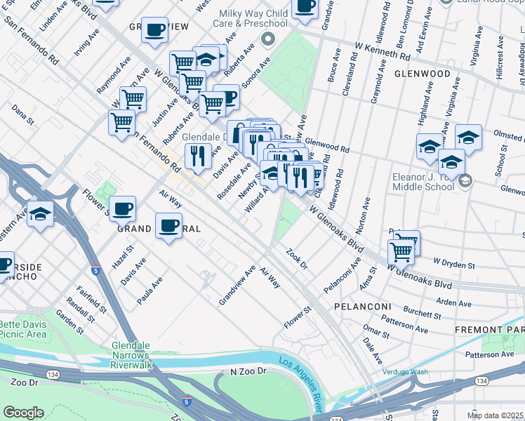 map of restaurants, bars, coffee shops, grocery stores, and more near 1021 Grandview Avenue in Glendale