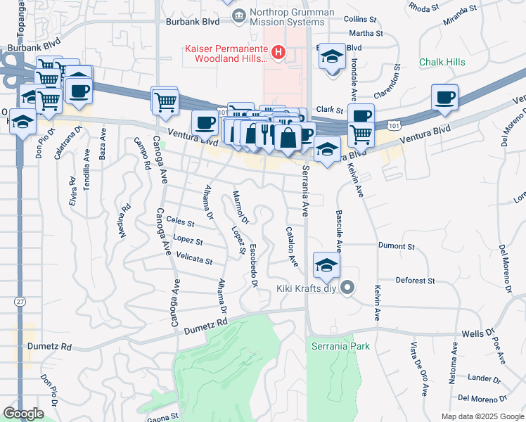 map of restaurants, bars, coffee shops, grocery stores, and more near 5129 Marmol Drive in Los Angeles