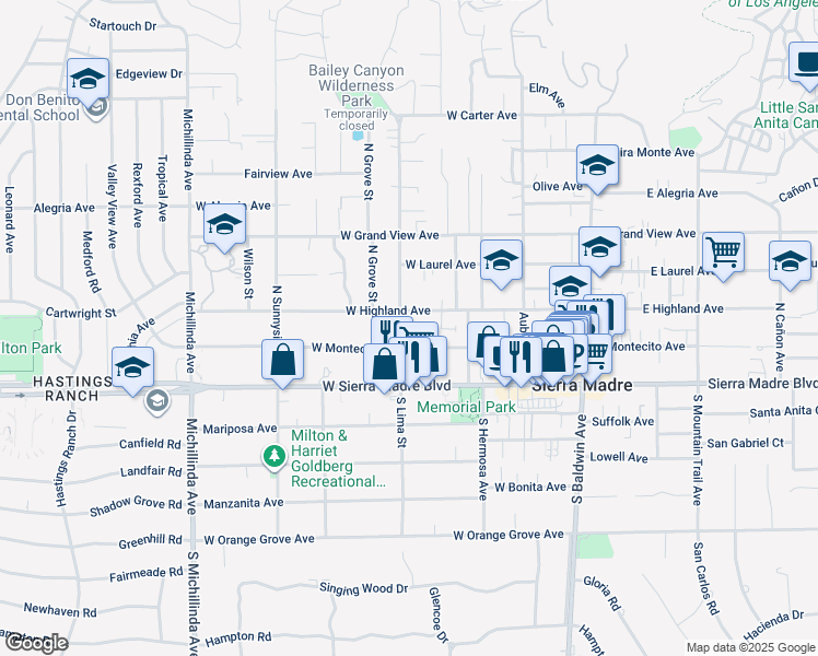 map of restaurants, bars, coffee shops, grocery stores, and more near 110 North Lima Street in Sierra Madre