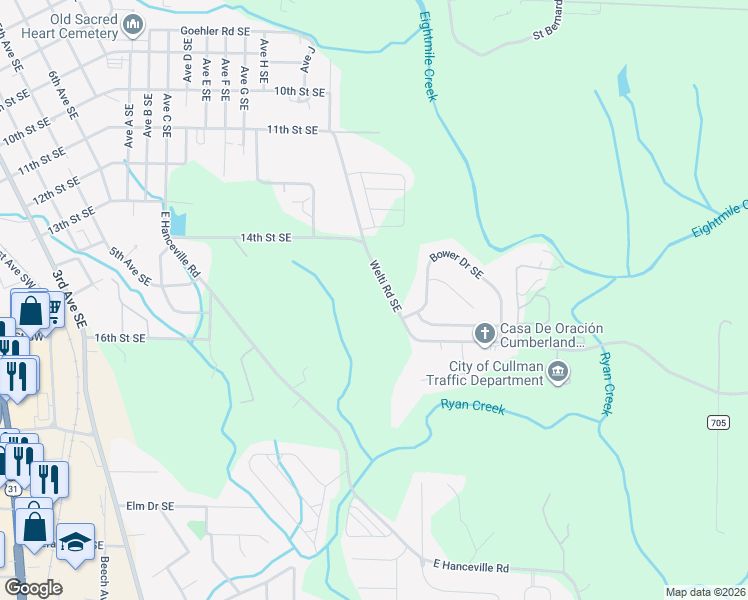 map of restaurants, bars, coffee shops, grocery stores, and more near 1219-1399 Welti Road Southeast in Cullman
