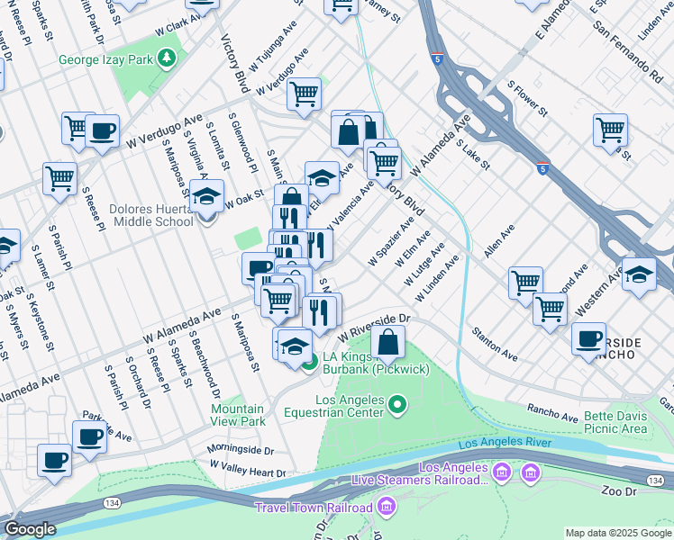 map of restaurants, bars, coffee shops, grocery stores, and more near 420 West Alameda Avenue in Burbank