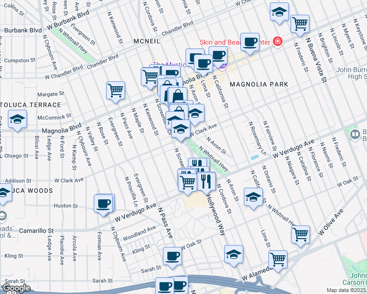 map of restaurants, bars, coffee shops, grocery stores, and more near 747 North Whitnall Highway in Burbank