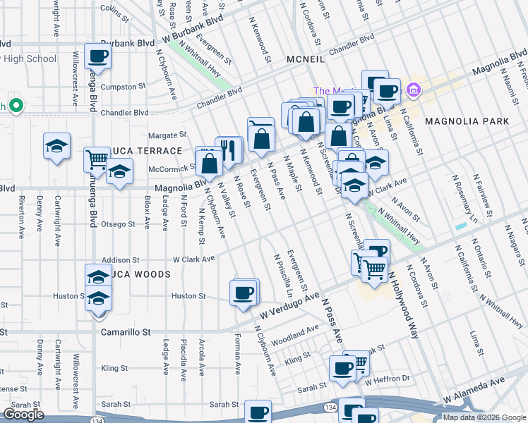 map of restaurants, bars, coffee shops, grocery stores, and more near 843 Evergreen Street in Burbank