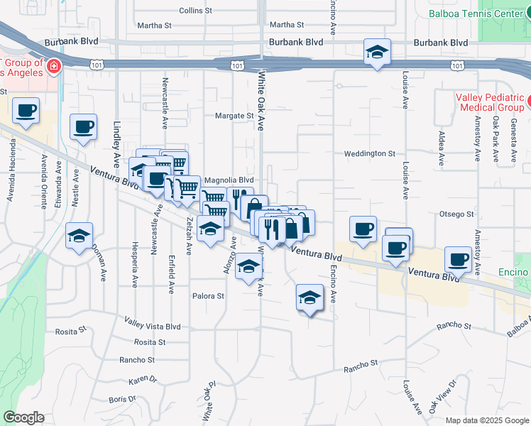 map of restaurants, bars, coffee shops, grocery stores, and more near 5140 White Oak Avenue in Los Angeles