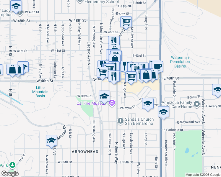 map of restaurants, bars, coffee shops, grocery stores, and more near 3970 Genevieve Street North in San Bernardino