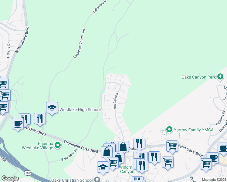 map of restaurants, bars, coffee shops, grocery stores, and more near 501 Via Colinas in Westlake Village
