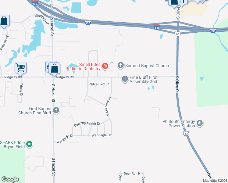 map of restaurants, bars, coffee shops, grocery stores, and more near 6204 South Mulberry Street in Pine Bluff