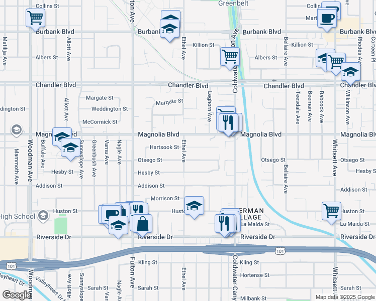 map of restaurants, bars, coffee shops, grocery stores, and more near in Los Angeles