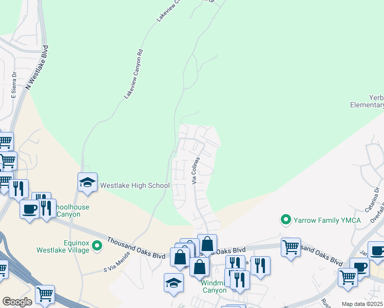 map of restaurants, bars, coffee shops, grocery stores, and more near 501 Via Colinas in Westlake Village