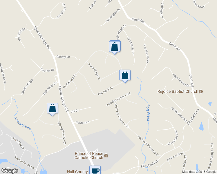 map of restaurants, bars, coffee shops, grocery stores, and more near 6387 Flat Rock Drive in Flowery Branch