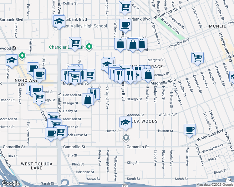 map of restaurants, bars, coffee shops, grocery stores, and more near 5129 Cahuenga Boulevard in Los Angeles