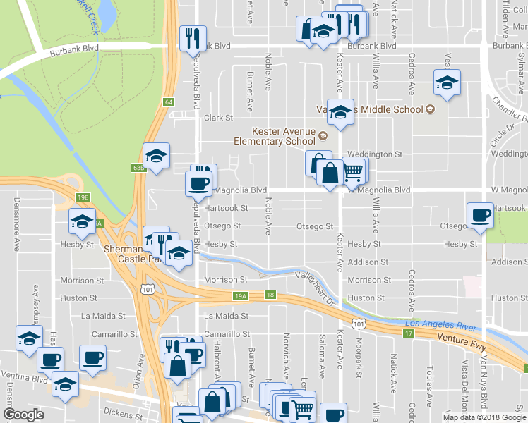 map of restaurants, bars, coffee shops, grocery stores, and more near 5123 Noble Avenue in Los Angeles