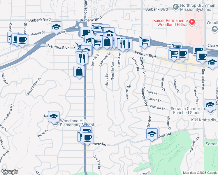 map of restaurants, bars, coffee shops, grocery stores, and more near 5220 Elvira Road in Los Angeles