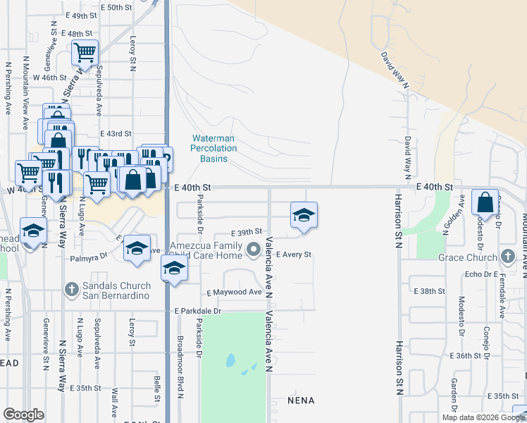 map of restaurants, bars, coffee shops, grocery stores, and more near 698 East Ralston Avenue in San Bernardino